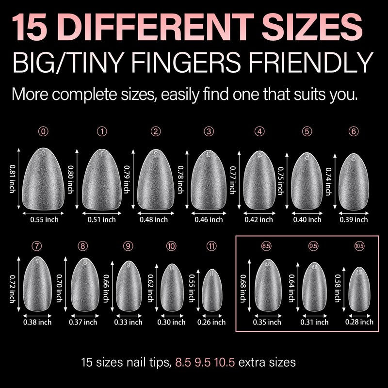 AILLSA Short Almond Nail Tips 450PCS Acrylic Gel Double-sided Matte Clear Pre-Buff Gel Nail Tips No Need Base Coat Press on Nails Tips for Extension 15 Sizes