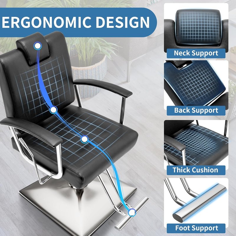 Barber Chair by [Brand Name] - Heavy Duty Reclining Design with Adjustable Height & 360° Swivel - Max Load 440 Lbs (Black)