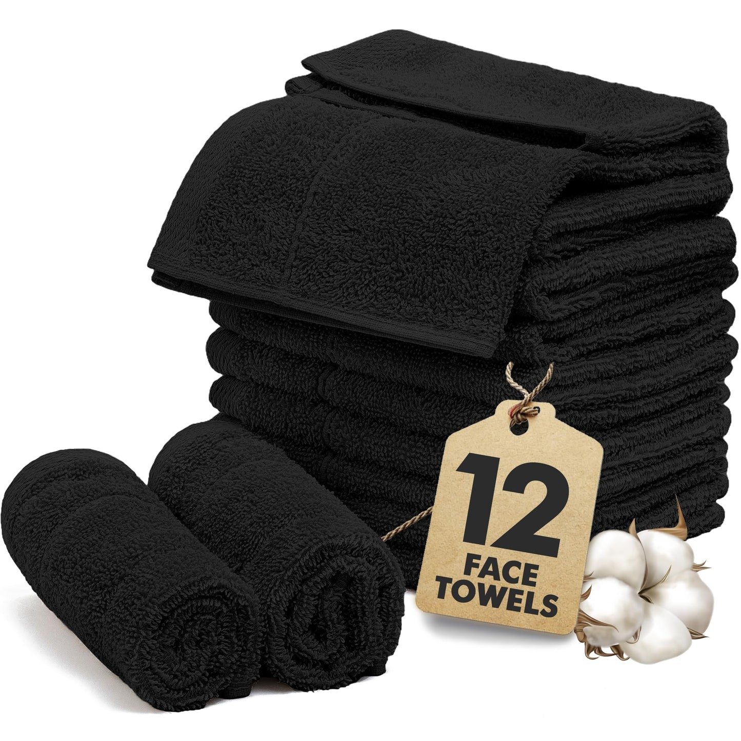 Novo Home Face Towels Pack of 12 – 100% Cotton Wash Cloths (12x12 inch) – Soft, Quick Dry & Highly Absorbent Hand Towels for Bathroom, Spa, Gym, Kitchen and for Daily Use - (Black)