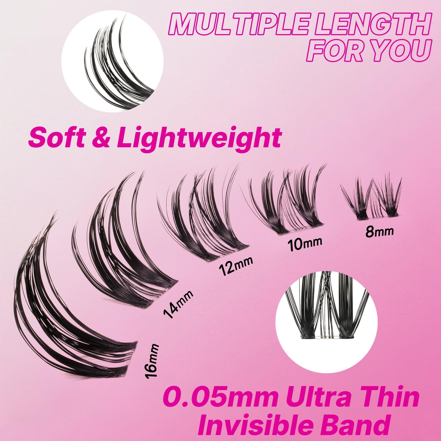 VEYESBEAUTY Lash Clusters Kit Eyelash Extensions Thin & Invisible Band DIY Individual False Eyelashes Newbie's Five-Second Series Lash Tray for Self-application, Whisper Lash 8-16mm Mixed Length