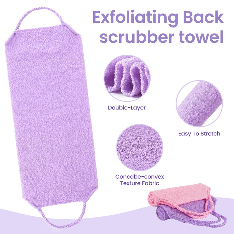 3 Pcs Double-Sided Back Exfoliator Body Scrub Towel, Exfoliating Back Scrubber with Handles,Exfoliating Washcloth Bath Tool in Shower, Stretchable Back Washer to Deep Cleans Skin (Beige,Pink,Purple)