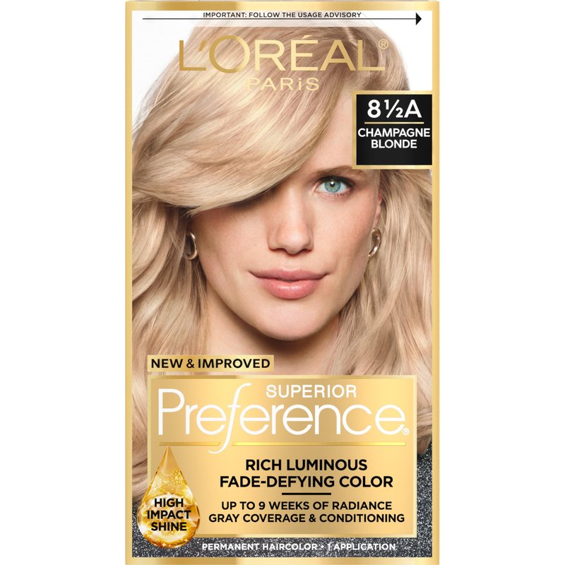 L'Oreal Paris Superior Preference Luminous Fade-Defying Permanent Hair Color, Hair Dye For Up to 9 Weeks of Radiance, Champagne Blonde 8.5A, 1 Hair Dye Kit