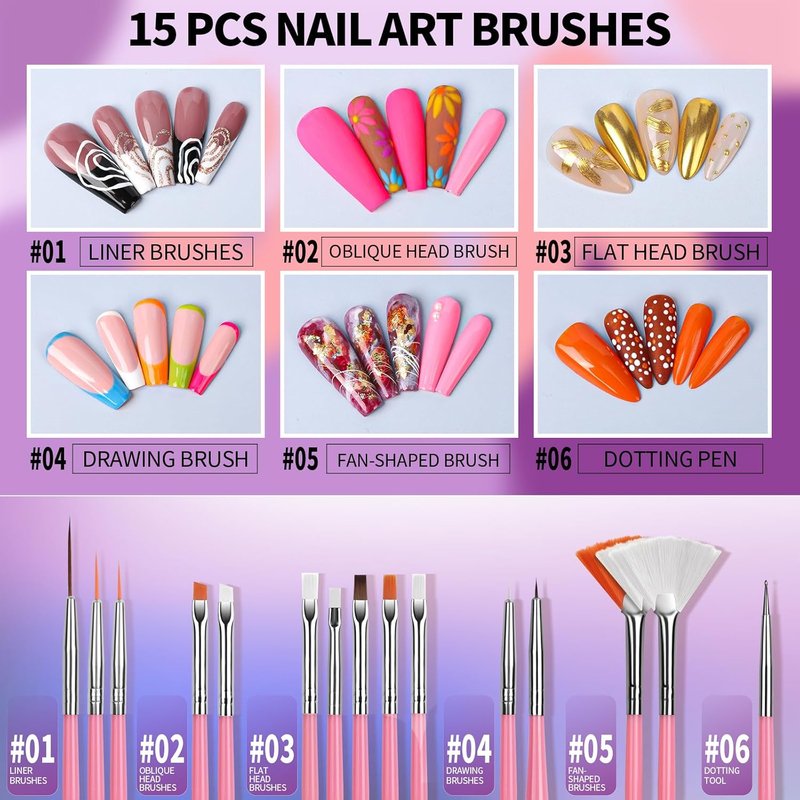FANDAMEI Nail Art Tools Set - 15 PCS Acrylic Brushes, Dotting Tools & Nail Gems for Creative Designs