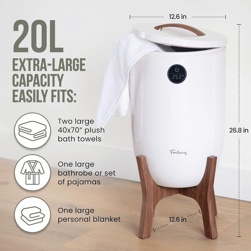 Fontaines Luxury Towel Warmer - Large Heated Thermal Bucket with Wood Handle | Safe Auto Shut Off, Fits Two Oversized Towels (40x70) - White