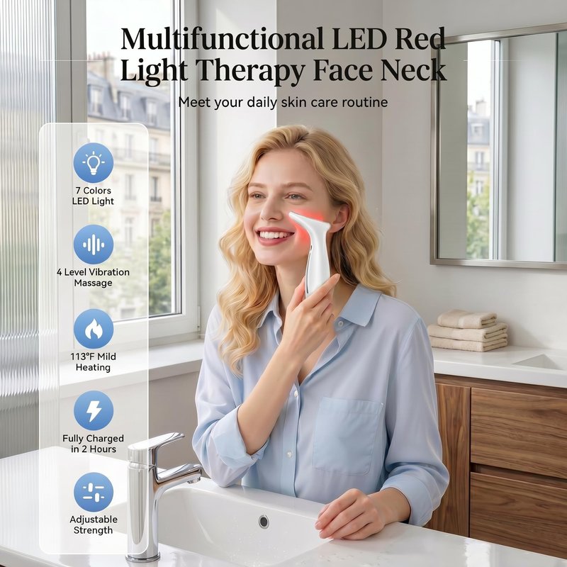 7-Color LED Red Light Therapy Face & Neck Massager - Anti-Aging Facial Sculptor with Heat, Vibration, Lifting, Firming, Timer for Visible Skin Tightening, Rechargeable At-Home Beauty Device