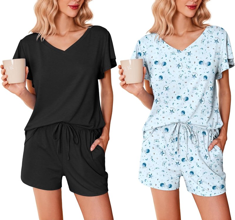Ekouaer Women's Pajamas Set - Soft Ruffle Sleeve V-Neck Lounge Set with Pockets | 2 Pack