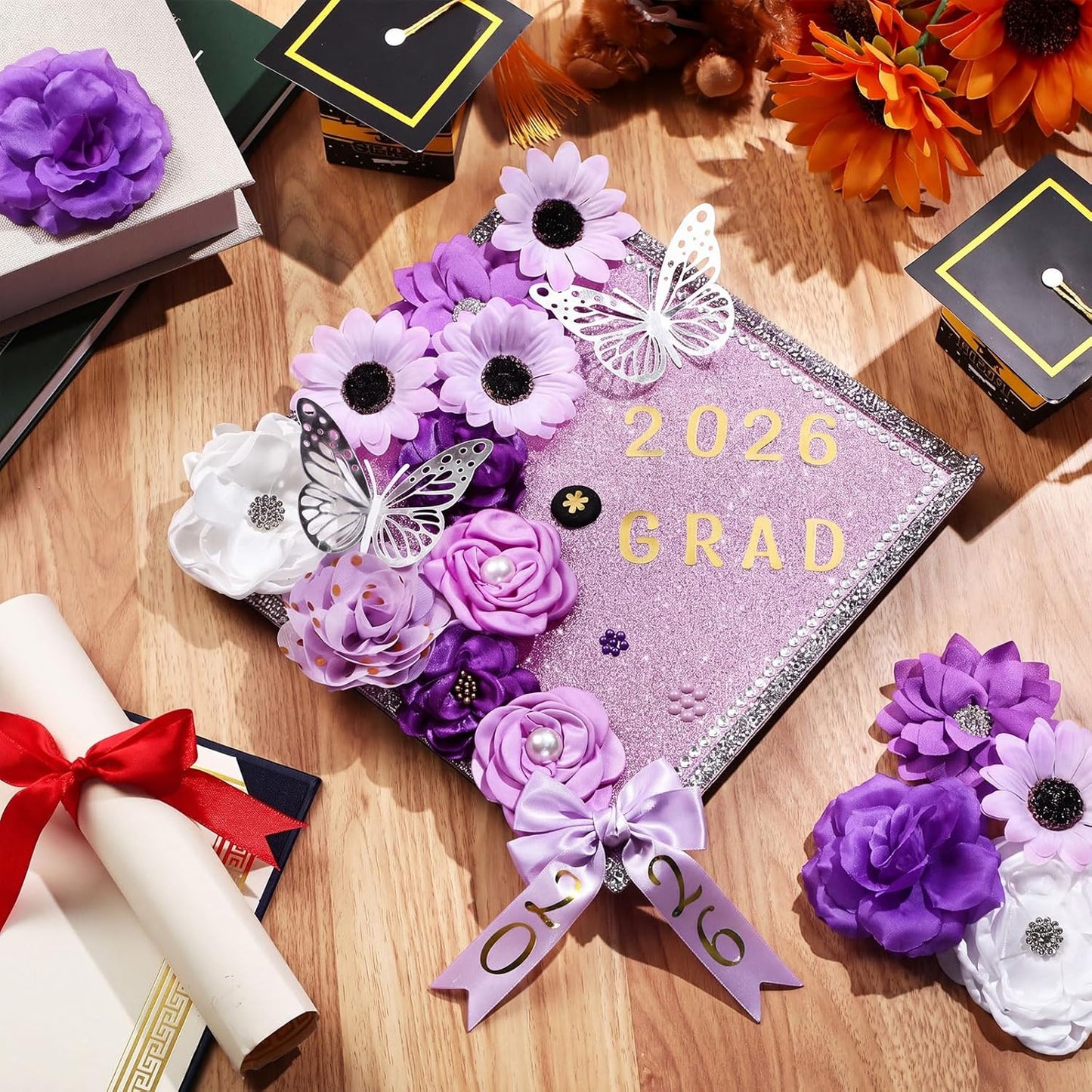 Wavwavw Graduation Cap Decoration Kit - 62 Pcs with Faux Flowers, 3D Butterflies & Rhinestones | Purple