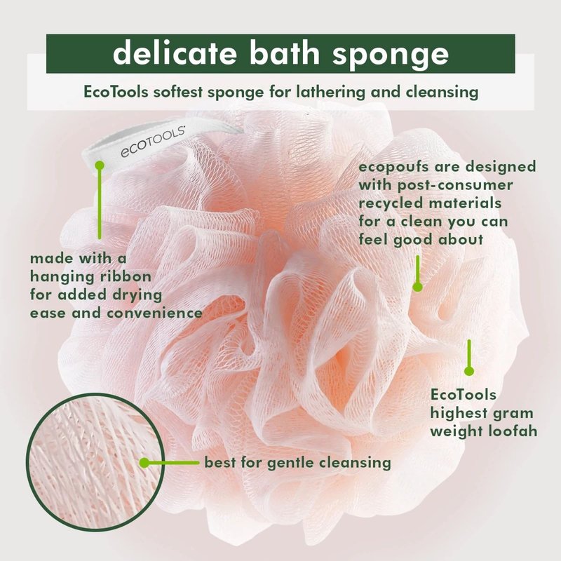 EcoTools EcoPouf 3 Pack Bath Sponge Set, Soft Recycled Netting Shower Poufs for Gentle Exfoliating & Daily Body Cleansing, Rich Lather Bath Sponges, Vegan & Cruelty-Free