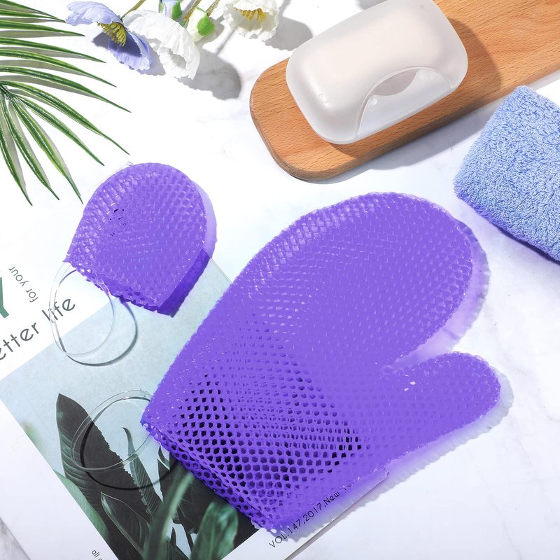 Karenhi 2 Pcs Honeycomb Exfoliating Glove Set Exfoliating Bath Mitt Honeycomb Face and Body Scrubber Shower Mitt for Cleaning Body Shower Face Skin Beauty Spa, Quick Drying(Purple)
