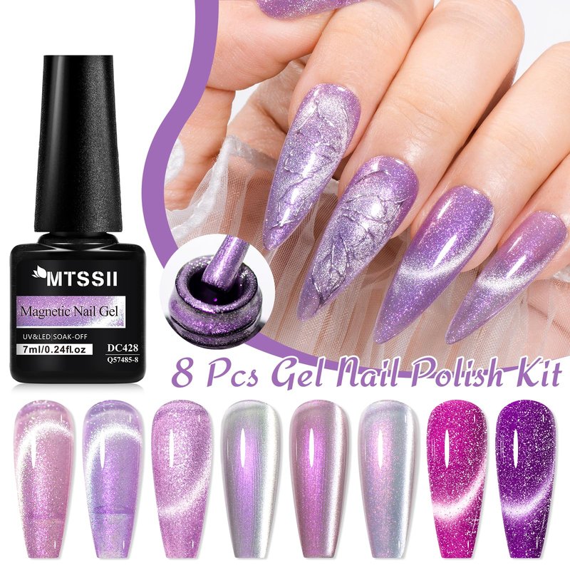 MTSSII Violet Cat Eye Gel Nail Polish Set 8Pcs Glitter Gel Nail Polish Kit with Magnet Shimmer Purple Nail Polish Set Salon Gel Manicure DIY Gift