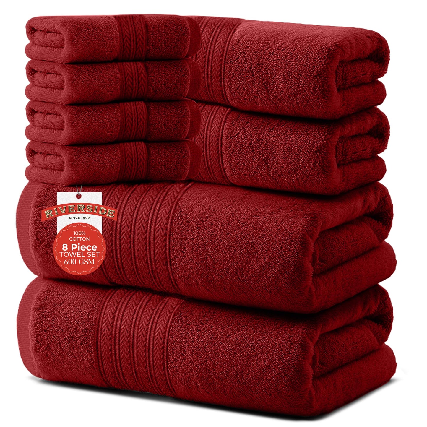 RIVERSIDE Pack of 8 Towels Set, 2 Large Bath, 2 Hand, 4 Face Washcloths, 100% Cotton Hotel Quality, Super Soft, Quick Dry, Highly Absorbent Perfect for Bathroom, Red