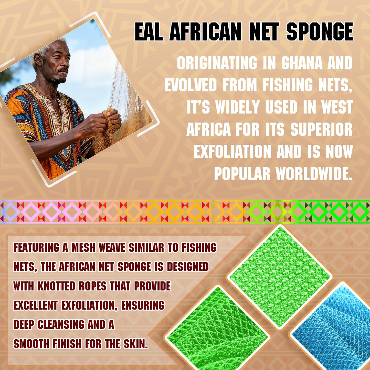 SpiralScgv Real African Net Sponge - 2 Pieces Authentic Exfoliating Body Scrubbers - Ultra-Gentle for Sensitive/Dry/Oily Skin - Shower & Bath Essential (Blue & Green)
