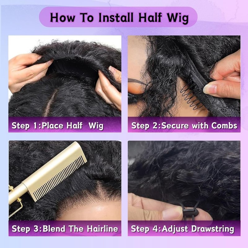 Glimeer Half Wig Human Hair Deep Wave 3 In 1 Drawstring Seamless Filp Over Curly Half Wig 200% Density Wear and Go Glueless Half Wigs for Black Women Natural Color 26 Inch