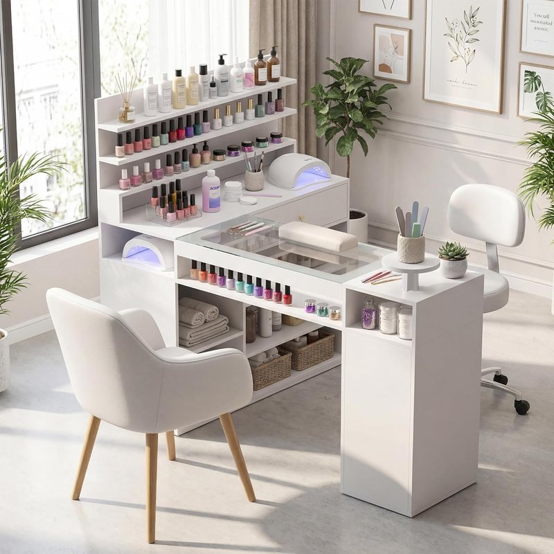 Manicure Table - 60-Inch L-Shaped Nail Desk with Glass Top | White with Shelves & Drawer Storage