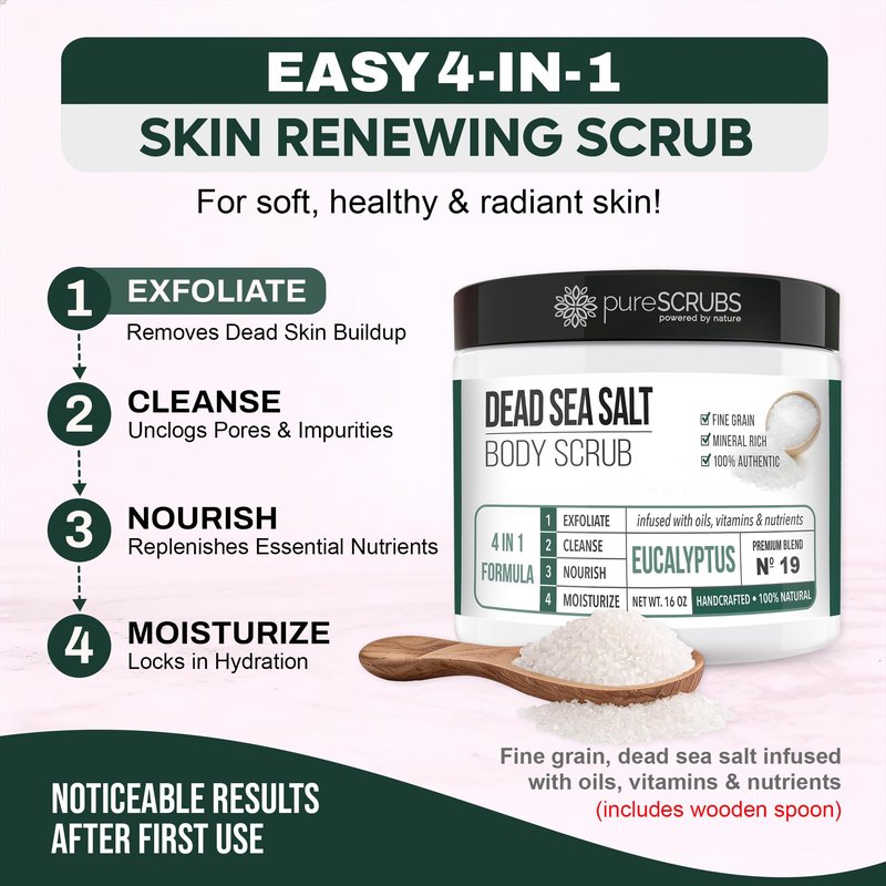 pureSCRUBS Premium Eucalyptus Body Scrub Set - Large 16oz Dead Sea Salt Body Scrub With Infused Essential Oils & Nutrients, Includes Wooden Spoon, Loofah & Oatmeal Exfoliating Bar Soap