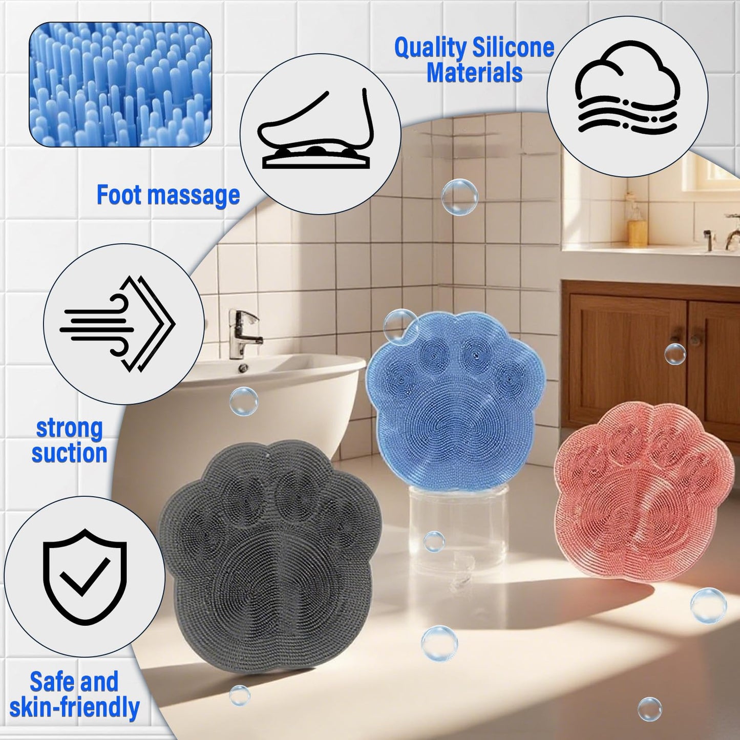 Shower Foot Scrubber Mat, Back Washer Exfoliating Bath Wash Pad, Wall Mounted Slip Suction Cups, Shower Foot Cleaner Dead Skin, Massager Cleaner Wash Brush for Use in Shower Men and Women (Grey)