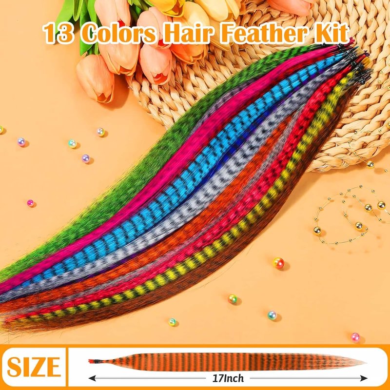 Skiennix 65 Pcs Hair Feather Extensions Kit - 13 Color Long Synthetic Feathers with Microlink Beads for Parties & Festivals