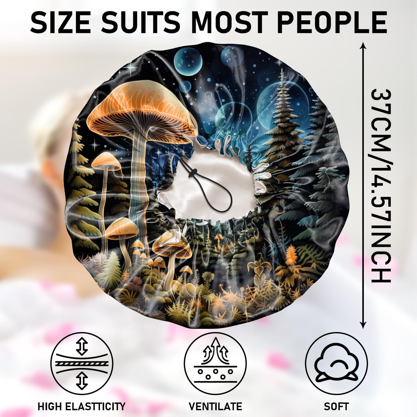 Zewurtuw Luxury Shower Cap Adjustable Reusable Double Waterproof Layer Elastic Satin Lined Hair Bath Cap Cute Aesthetic Women Girls-Blue Mushroom