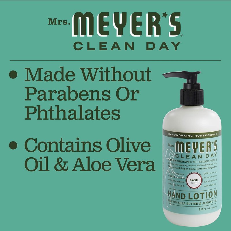 MRS. MEYER'S CLEAN DAY Hand Lotion - Non-Greasy Moisturizer with Essential Oils | Basil, 12 oz