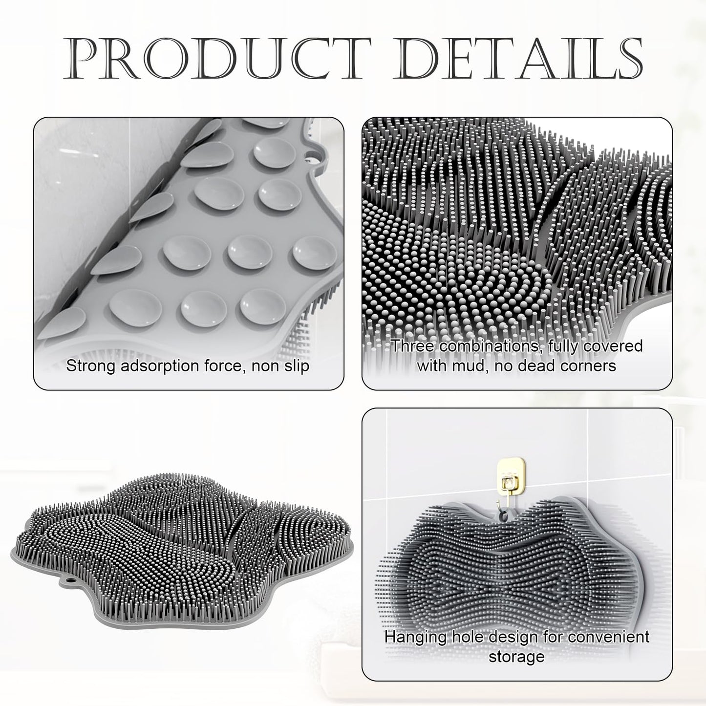Holyenten Shower Foot Scrubber Mat with Suction Cups, Silicone Exfoliating Foot Washer & Massager for Back and Feet, Non-Slip Bathroom Cleaning Tool (Grey)