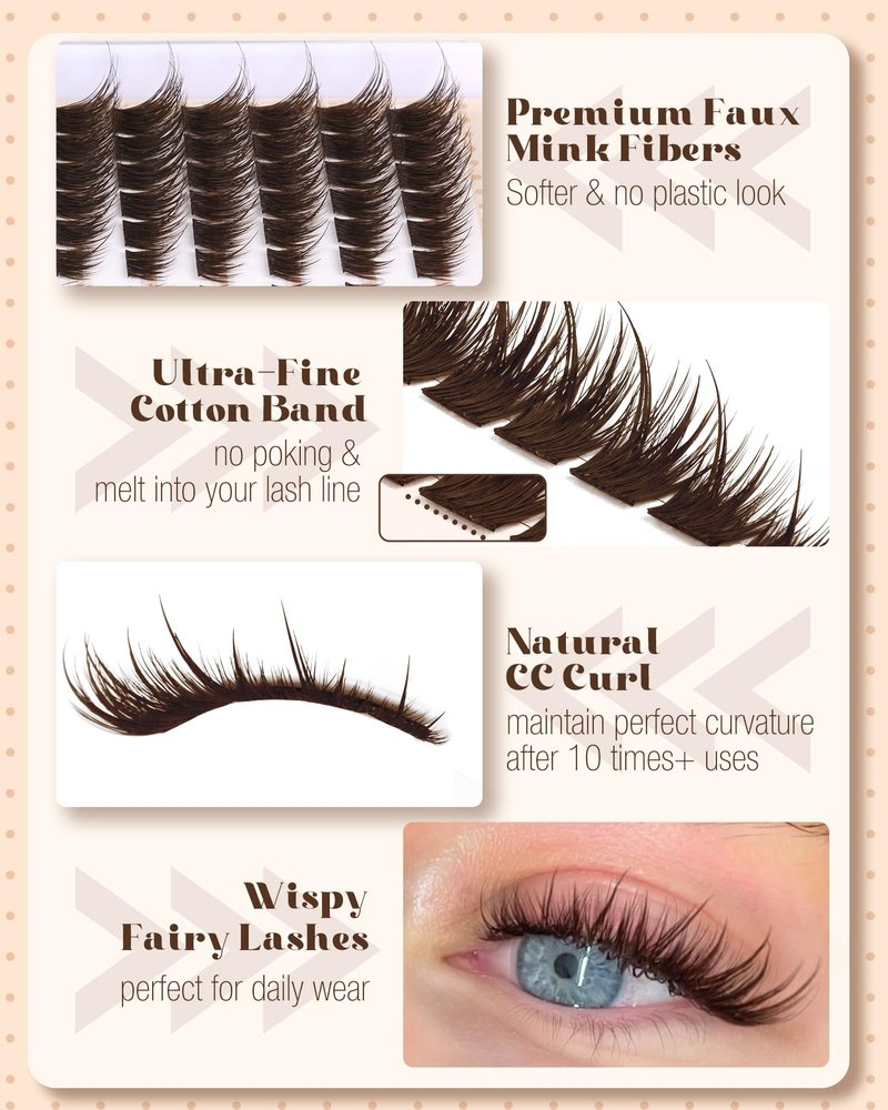 Brown Lash Clusters Pre-Mapped Eyelash Clusters Cat Eye Cluster Eyelash Extensions Fairy Wispy Cluster Lashes CC Curly Wet Look Individual Lashes Extensions 144Pcs 6-14MM Fox Eye Lashes Clusters
