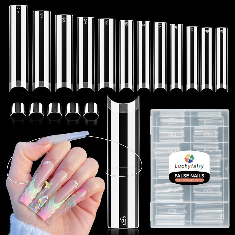Luckyfairy XXL Nail Tips Square 120 Pcs 12 Sizes - No C Curve Flat Square Pre-buff 2XL Half Cover Tapered Gel Acrylic Nail Tips False Nails Gelly Tips for DIY Nail Art Salon