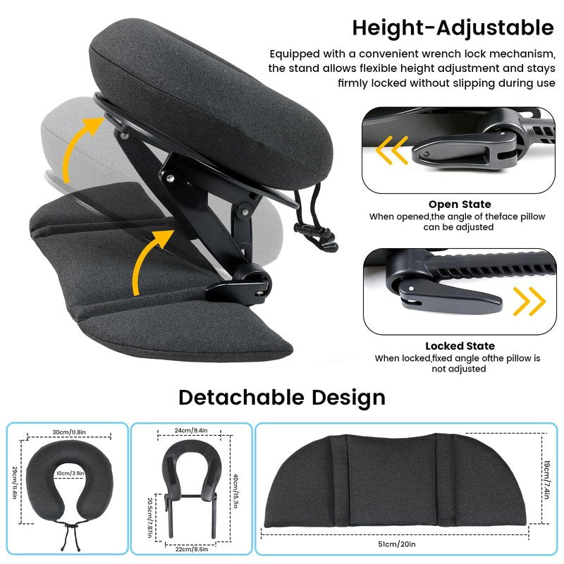 CROWNZONEE Intelligent Support Memory Foam Pillow，Adjustable Massage Pillow – Multi-Use Ergonomic Neck Pillow for Office Naps,Travel, Recliner Headrest – Portable (Black Pillow+Black Plastic Stand)