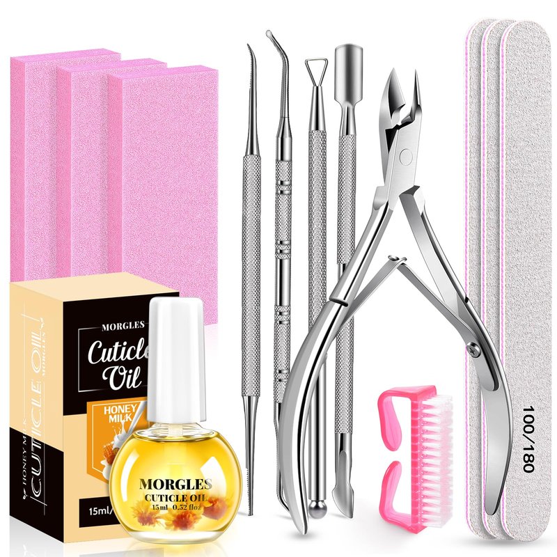MORGLES Nail File and Buffer Blocks with Nail Care Kit, 13 Pcs Manicure Kit for Women with Milk and Honey Cuticle Oil and Cuticle Trimmer Set