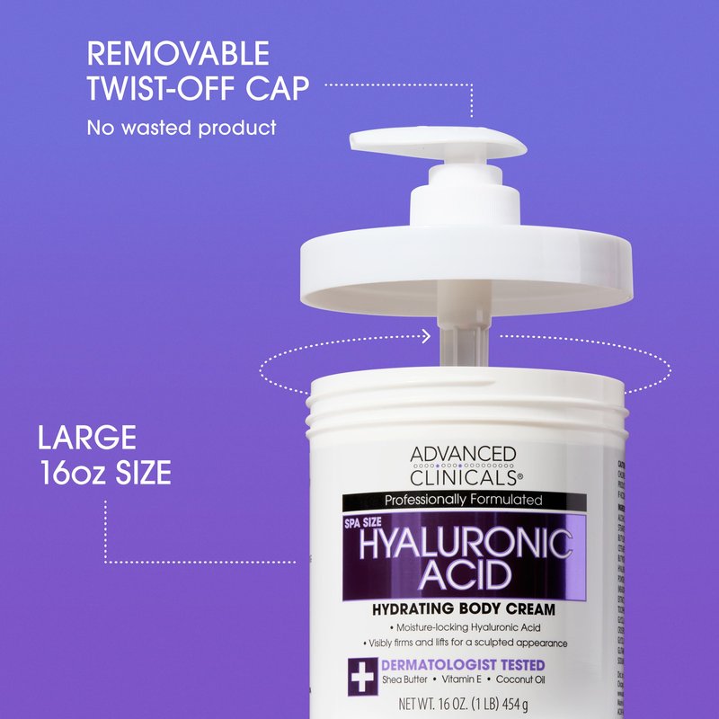 Advanced Clinicals Hyaluronic Acid Moisturizer Body Cream | Hydrating Cream & Body Lotion For Women & Men To Help Improve Look of Wrinkles, Stretch Marks, Dry Skin, & Crepey Skin, 16OZ + Travel Size