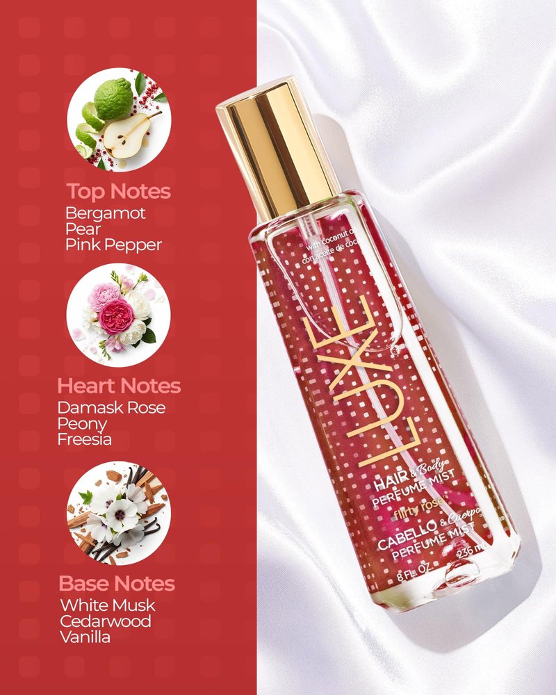Luxe Perfumery Flirty Rose Hair & Body Perfume Mist – Romantic Floral with Bergamot, Damask Rose & Vanilla – Hydrating Coconut Oil & Glycerin, Lightweight Daily Mist for Women, 8 Fl Oz