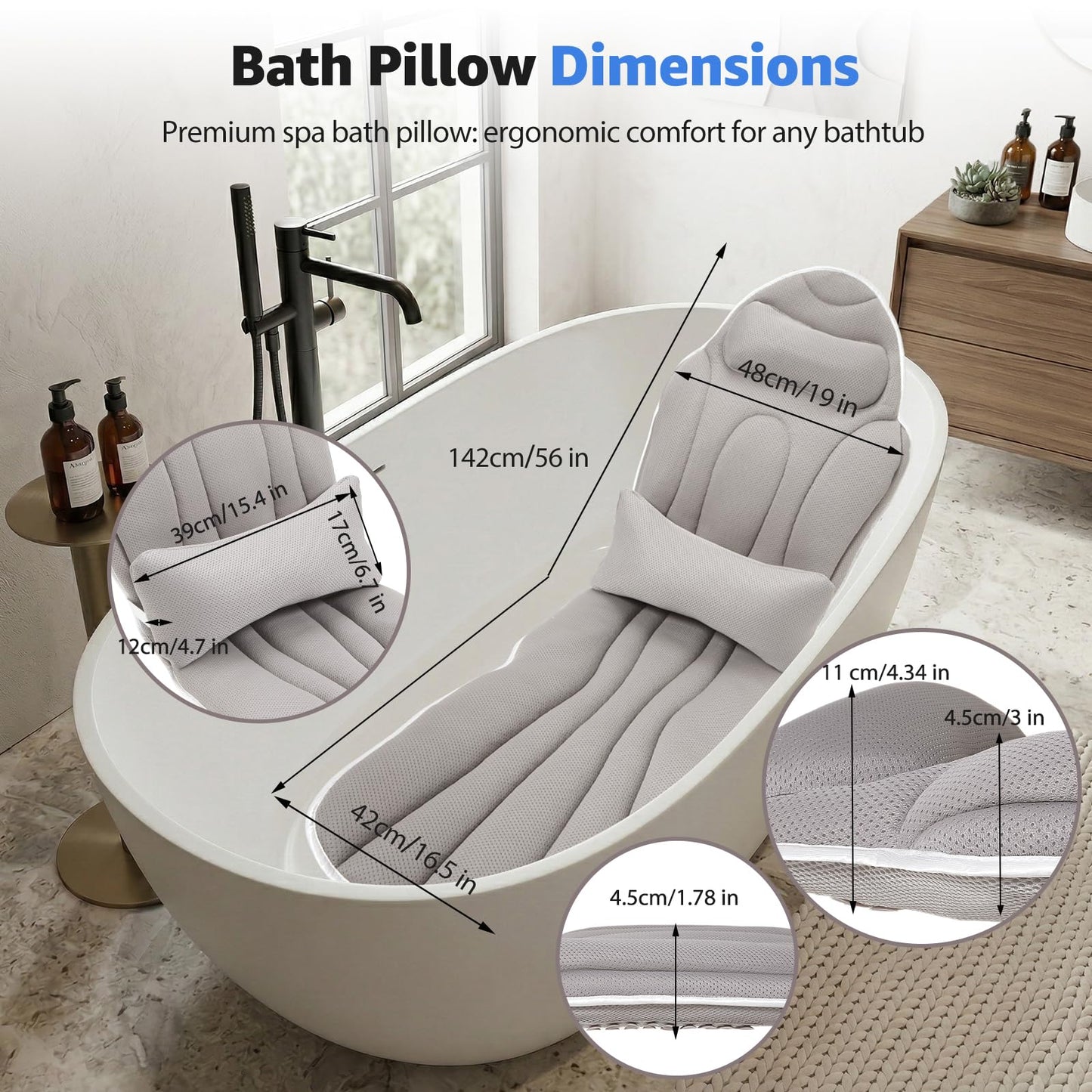 Full Body Bath Pillow for Bathtub, Thick 5D Air Mesh Luxury Spa Tub Cushion with Adjustable Lumbar Support, Extra Long Bathtub Pillow for Head and Neck Back, 192 Non-Slip Suction Cups, Gray, 56" x 19"