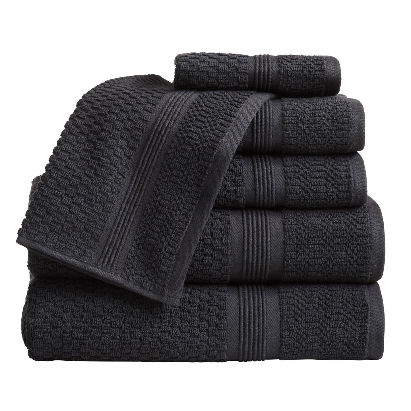 Market & Place 100% Cotton Waffle Weave 6 Piece Towel Set – Soft, Quick-Dry Bath, Hand & Washcloth Towels – Lightweight, Textured Bathroom Set – Black | Zoey Collection