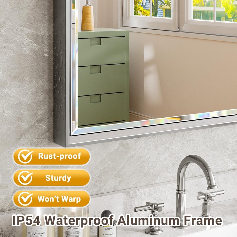 QueenFun Silver Bathroom Mirror, 30x36 Inch Beveled Silver Vanity Mirror for Bathroom Wall, Silver Metal Framed Mirror Anti-Rust, Silver Rectangle Wall Mounted Mirror for Bathroom(Vertical/Horizontal)