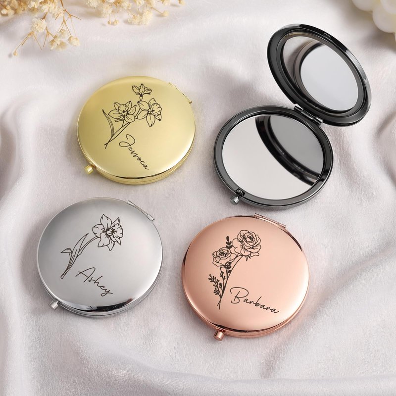 Rayiant Personalized Name Pocket Mirror with Birth Flower, Makeup Mirror for Travel, Ultra Thin Compact Vanity, Portable for Handbag, Purse, Travel Essential (A- Gold)