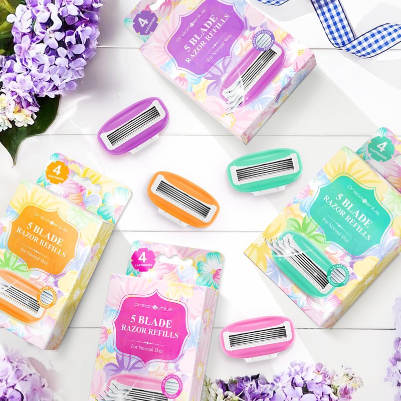 DreamGenius Women’s Razor Blades Refills Include 4 Cartridges, Extra Smooth 5-Blade Travel Razor Refills for Comfort Shaving, Purple