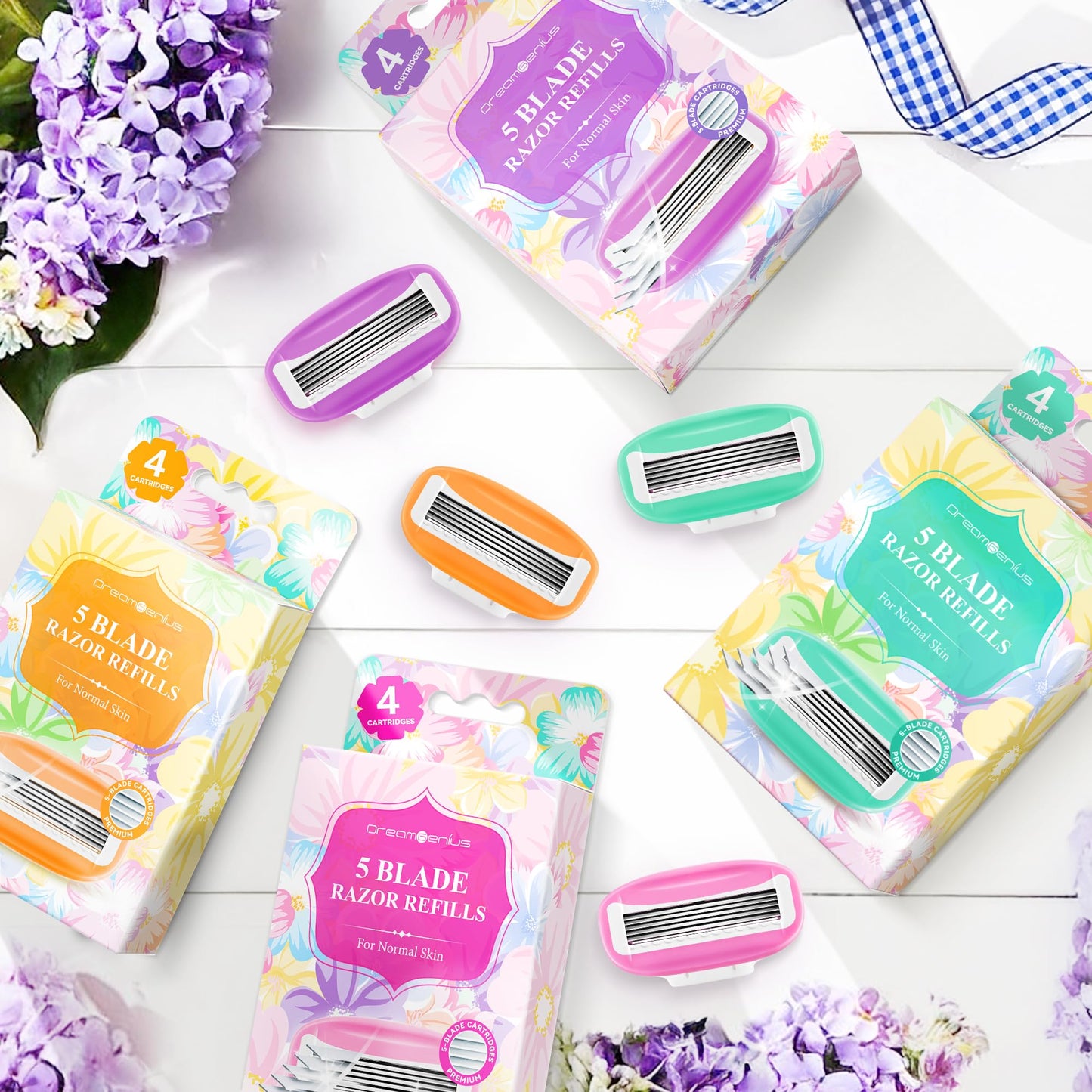 DreamGenius Women’s Razor Blades Refills Include 4 Cartridges, Extra Smooth 5-Blade Travel Razor Refills for Comfort Shaving, Purple