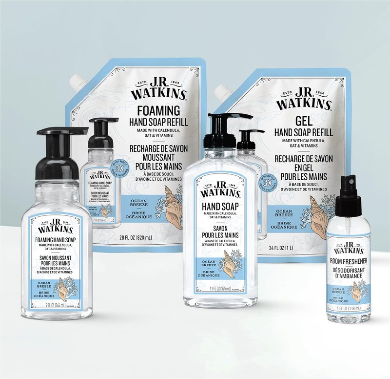 J.R. Watkins Foaming Hand Soap Refill, Moisturizing Foam Hand Wash, Formulated with Plant-Based Cleansers, Alcohol-Free, Cruelty-Free, Ocean Breeze, 28 fl oz, 2 Pack