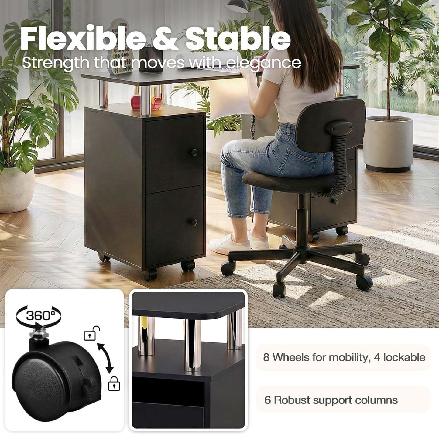 Skiennix Nail Tech Table - Rolling Manicure Desk with Dust Collector & LED Light | Acetone-Resistant, Black