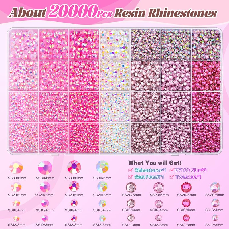 20000 Pcs Pink Rhinestones for Crafting | Bedazzler Kit with 3 Pcs B7000 Jewelry Glue for Clothing, Shoes, Nail Art