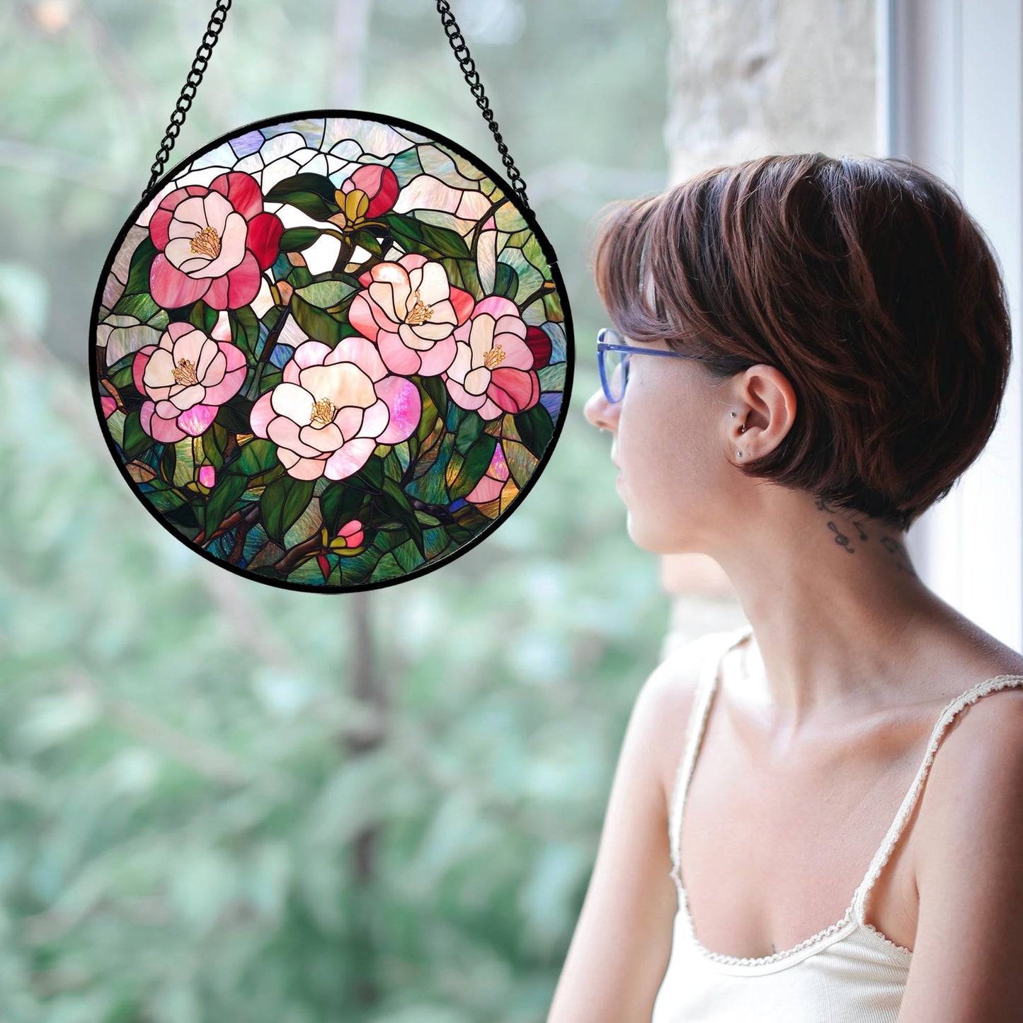 QZQCBLC Stained Glass Window Hanging Pink Rose 7.8" - Green Suncatcher Door Garden Sun Catcher Home Decor Birthday Christmas for Mom Men Woman Nana Wife Friend Plant Lovers