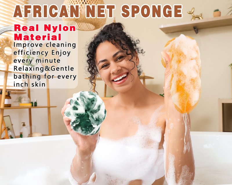 2 Pack African Net Sponge Exfoliating Body Scrubber Bath Sponge for Daily Use (Yellow + Dark Green)