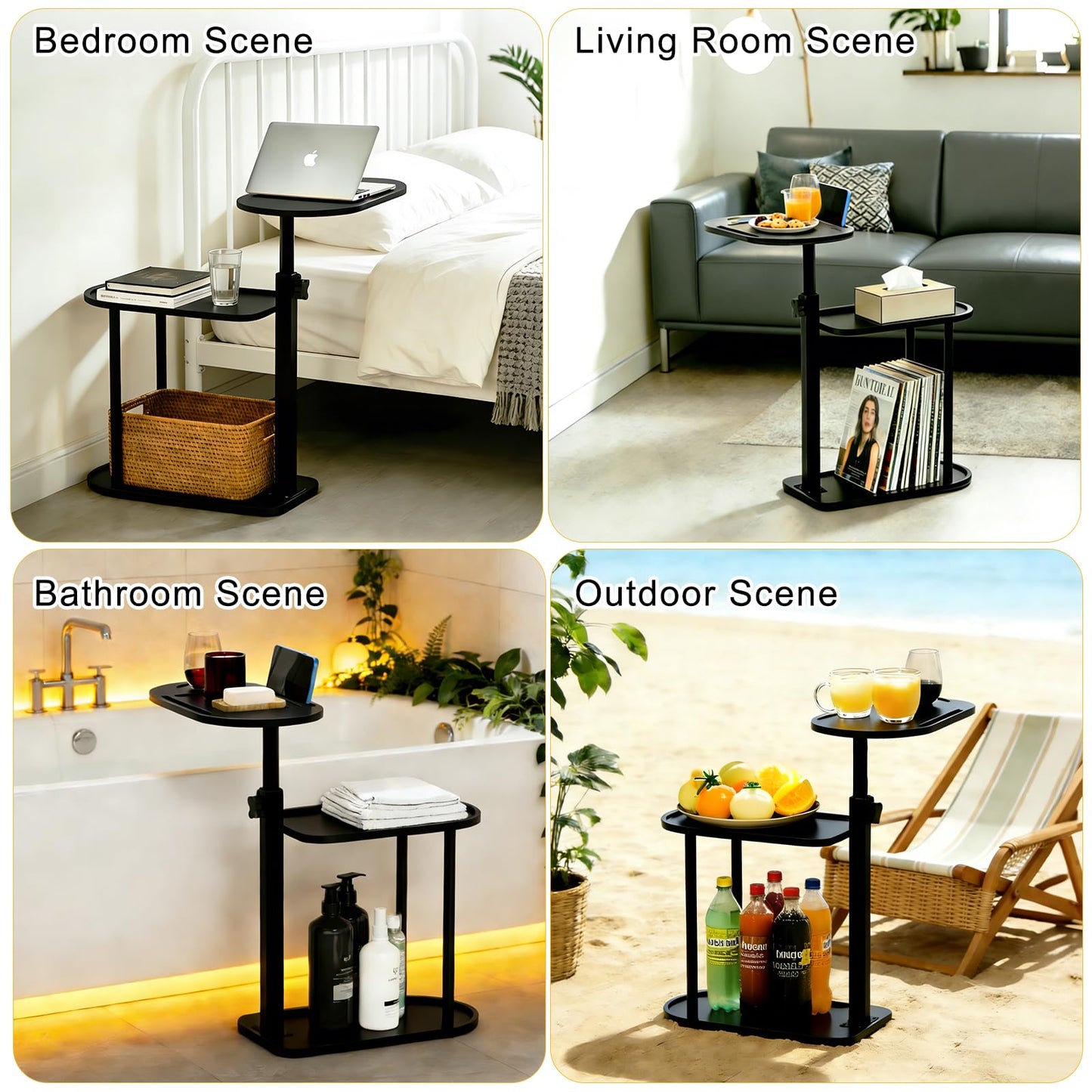 3-Tier Freestanding Bathtub Tray Table, Bamboo Swivel Bathtub Side Table with Height Adjustable Design, Standing Bath Tray for Tub Against Wall, Bathroom Organizer for Luxury Home Spa (Black)