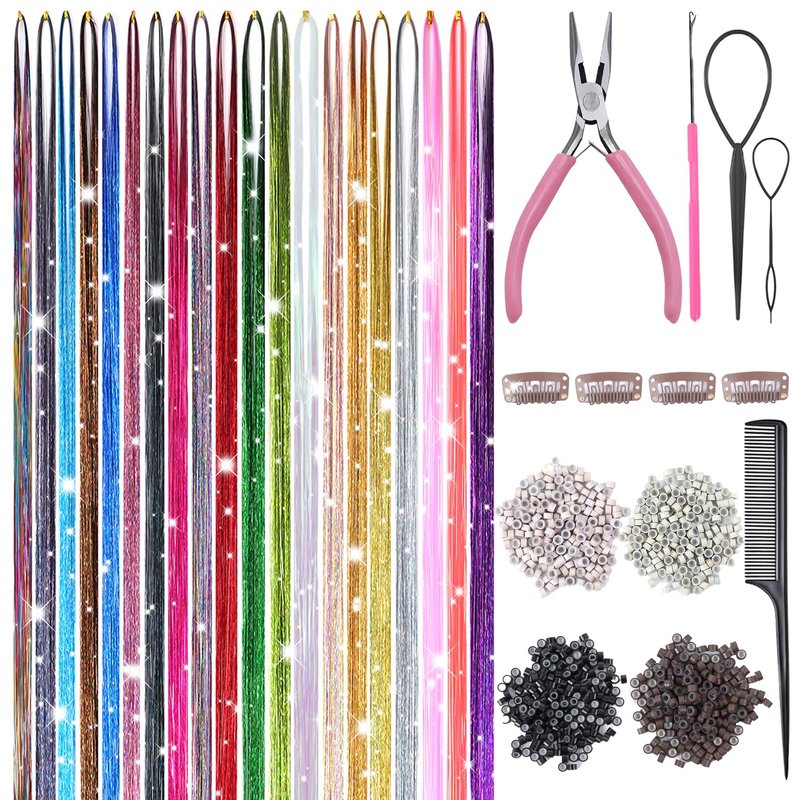 Hair Tinsel Kit - 8000 Strands of 48-Inch Glitter Extensions | 20 Vibrant Colors, Heat Resistant Fairy Hair Accessories