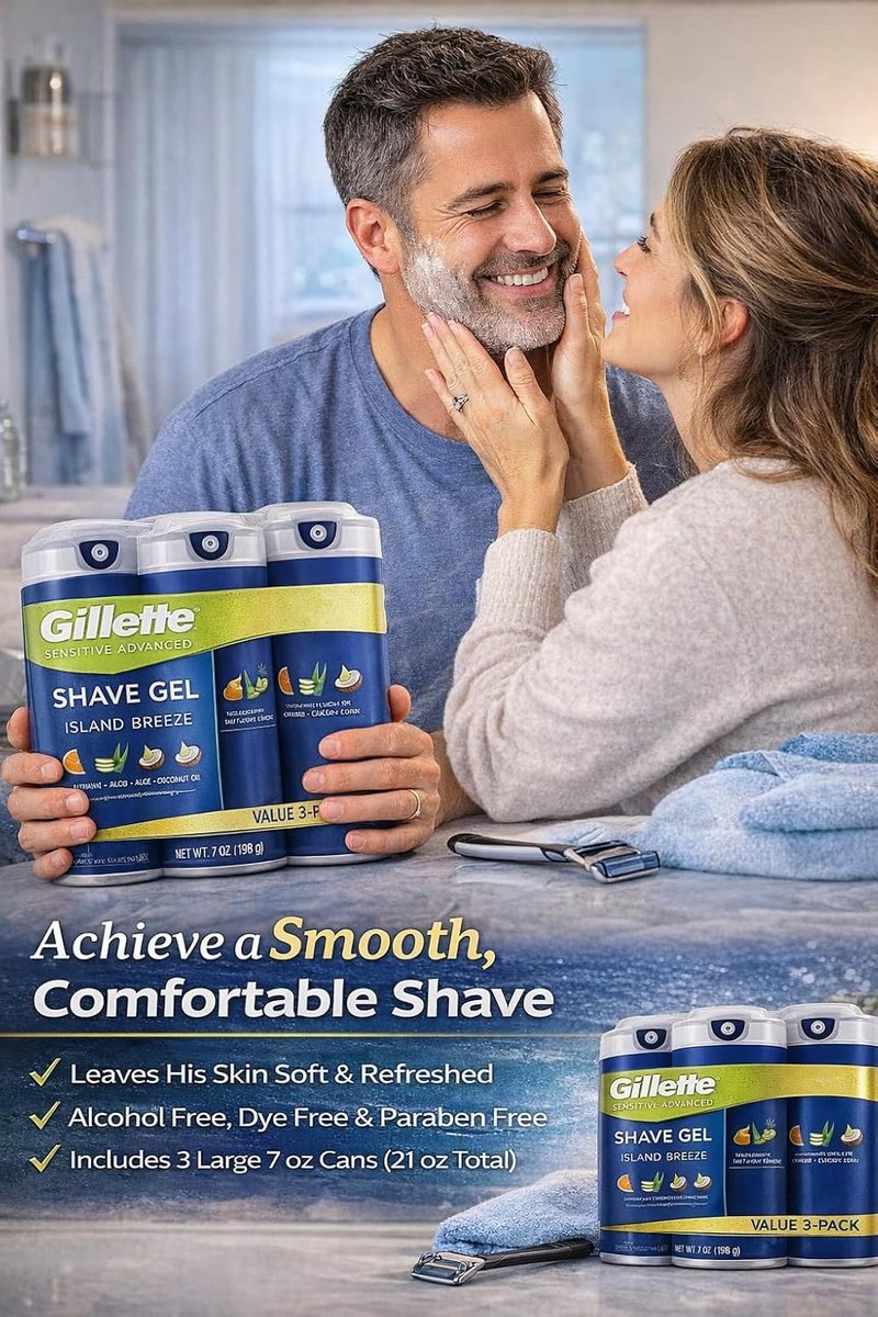 Gillette Sensitive Plus Island Breeze - Alcohol-Free Shaving Gel with Aloe & Vitamin C | 3 Pack