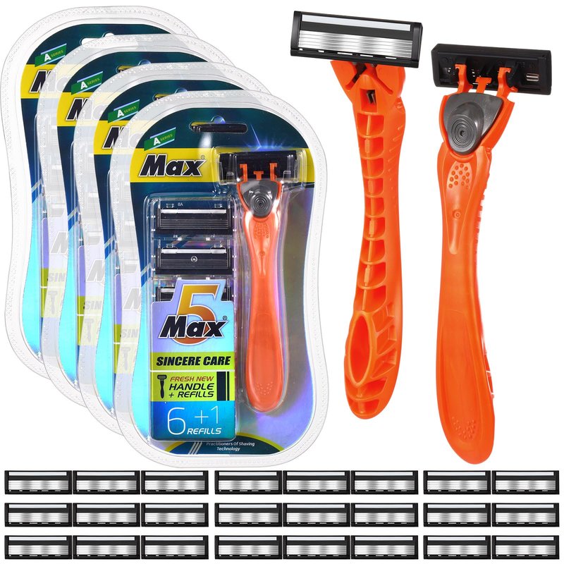 Leriton 28 Pcs Mens Razors Set 5 Blade Razors for Men Sensitive Skin Razor Refillable Razors Set Disposable Blade Refills Disposable Head Razor Shaving Kit, 4 Handle and 24 Cartridges