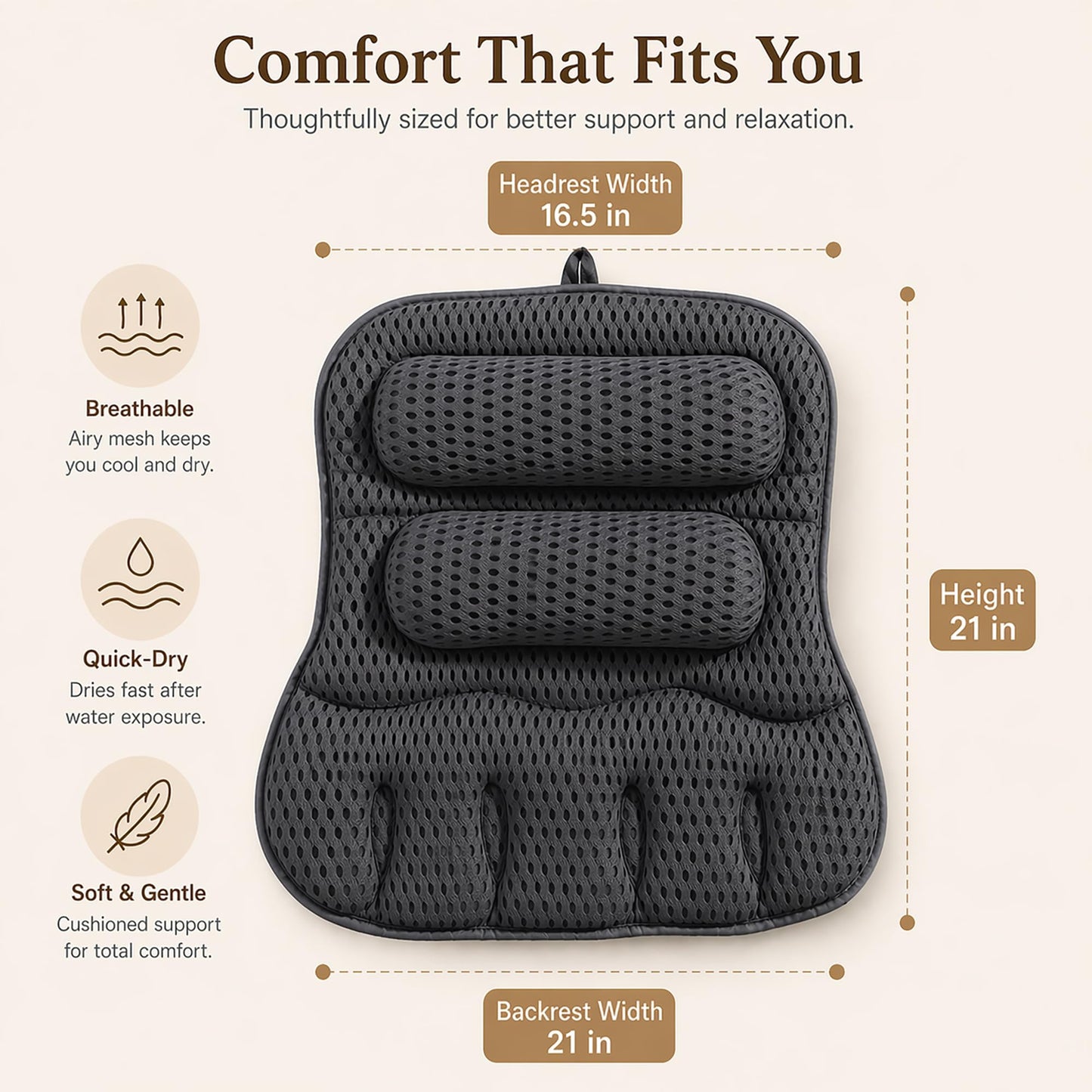 Suvast Luxury Bath Pillow for Tub, with 10 Strong Suction Cups, Non-Slip Bathtub Pillow for Head Neck & Back Support, Extra Large 21” Spa Bath Pillow, 4D Air Mesh Quick-Dry, Gift for Women(Grey)