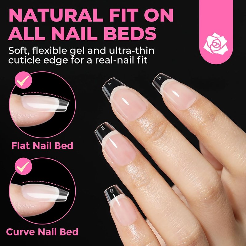 Short Coffin Nails Tips - 504pcs No C Curve Gel Press-On Nails | Pre-Etched Acrylic Extensions for Women, 12 Sizes
