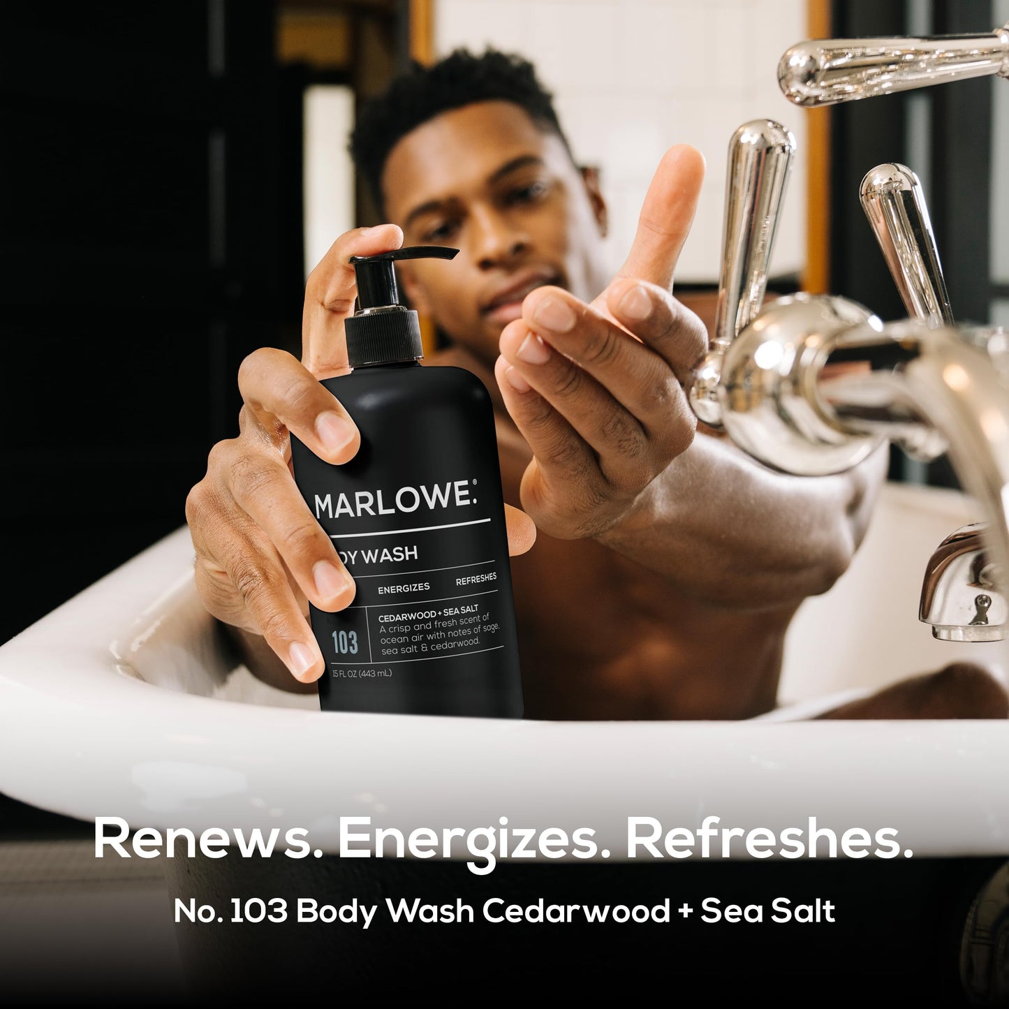 MARLOWE. Men's Body Wash, 15 oz Pump, Energizing & Refreshing Shower Gel, Moisturizes & Nourishes, Clean Vegan Formula with Willow Bark & Green Tea Extracts, Fresh & Zesty Cedarwood + Sea Salt Scent