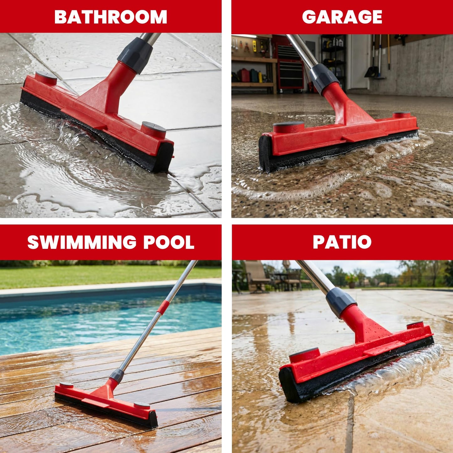 Floor Squeegee with 2 Replaceable Heads – 17'' EVA Foam Blade for Uneven Surfaces, 62'' Long Handle, Built-in Towel Clip, Non-Scratch Heavy Duty Squeegee Broom for Garage, Window, Tile, Patio & Shower