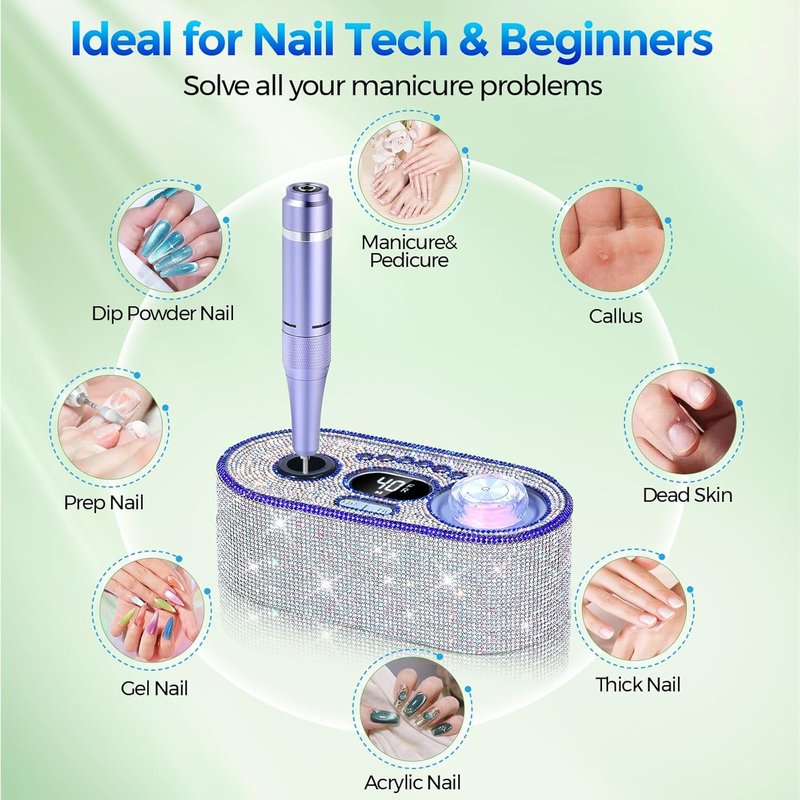 Electric Nail Drill Kit - 40000RPM Professional E-File Machine with 12 Bits for Acrylic Nails | Sparkly Diamond Finish